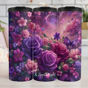 Enchanted Purple Garden Hearts Butterflies Thermal Tumbler