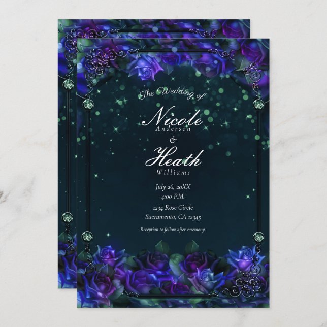 Enchanted Purple Green Garden Glow Roses Wedding   Invitation (Front/Back)