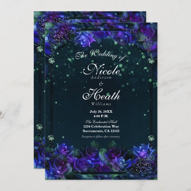 Enchanted Purple Green Garden Glow Roses Wedding  Invitation (Front/Back)
