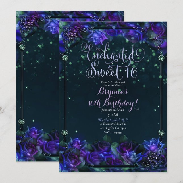 Enchanted Purple Green Garden Glow Sweet 16  Invitation (Front/Back)