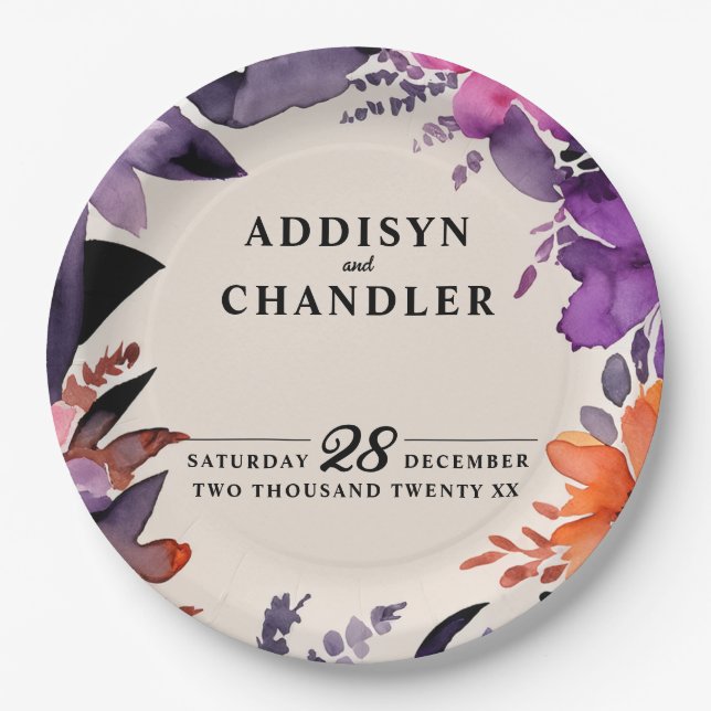Enchanted Purple + Orange Floral Halloween Wedding Paper Plate (Front)
