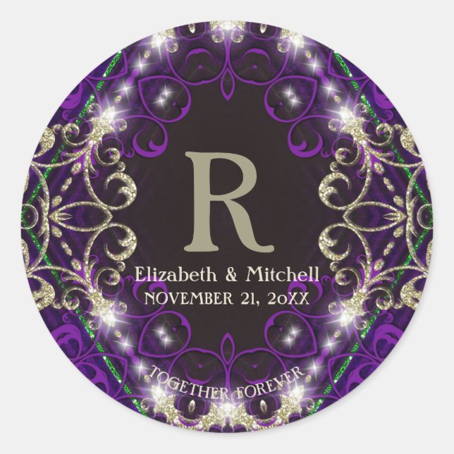 Enchanted Purple Sparkle Monogram Wedding Stickers (Front)