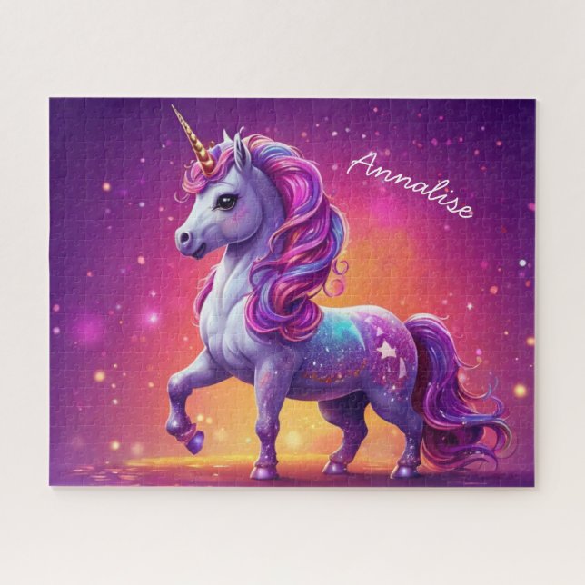 Enchanted Purple Unicorn Sparkle Personalised Jigsaw Puzzle (Horizontal)