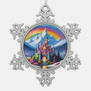 Enchanted rainbow castle snowflake pewter christmas ornament