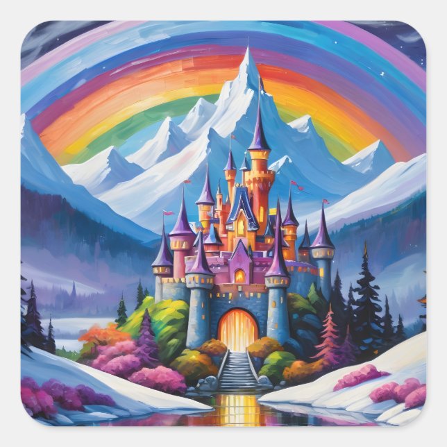 Enchanted rainbow castle square sticker (Front)