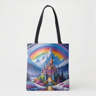 Enchanted rainbow castle tote bag