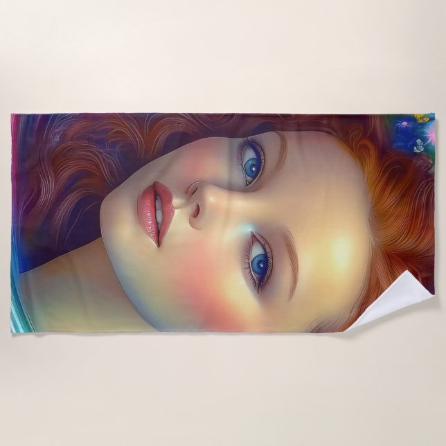 Enchanted Rainbow Hair Portrait Beach Towel (Front)