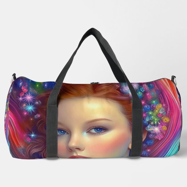 Enchanted Rainbow Hair Portrait Duffle Bag (Front)