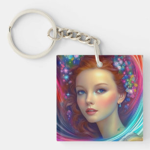 Enchanted Rainbow Hair Portrait Key Ring