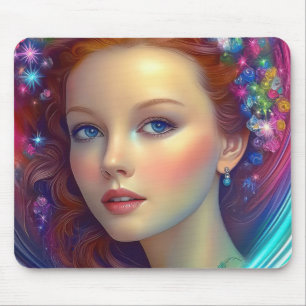 Enchanted Rainbow Hair Portrait Mouse Pad