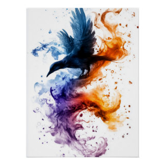 Enchanted Raven Soaring Through Fire and Magic Poster