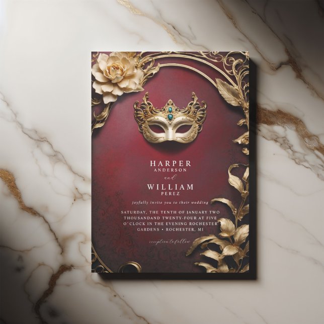 Enchanted red and gold Masquerade Wedding Invitation (ornated red wedding masquerade invitation, elegant with a vintage touch)
