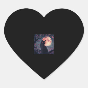Enchanted Red Moon_ Black Cat and Cherry Blossoms Heart Sticker