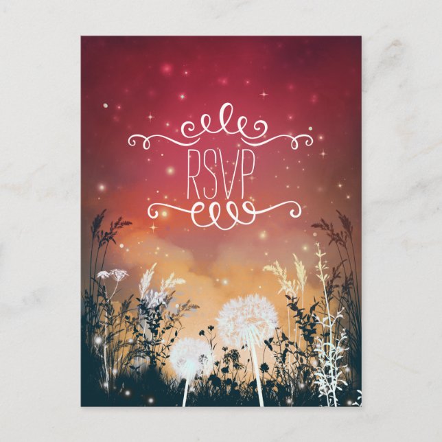 Enchanted Red Night Sky Stars & Foliage RSVP card (Front)