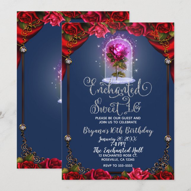 Enchanted Red Rose Beauty Birthday Party Sweet 16 Invitation (Front/Back)