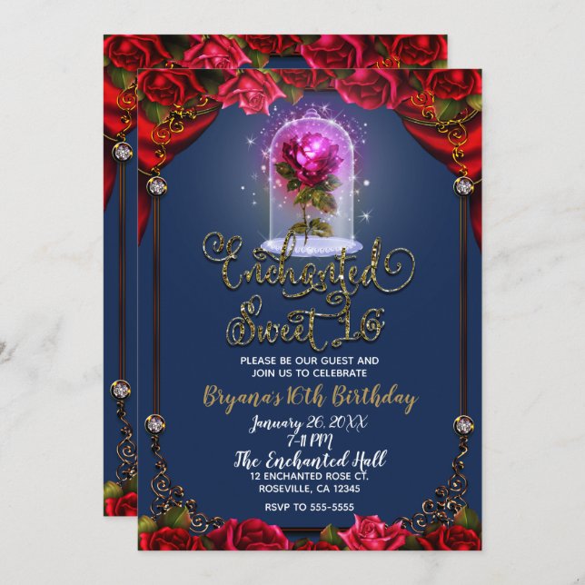 Enchanted Red Rose Beauty Birthday Party Sweet 16 Invitation (Front/Back)