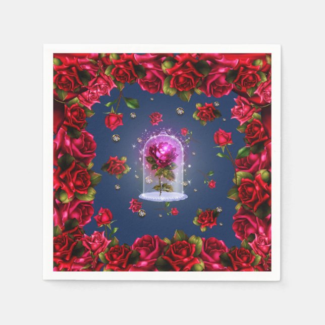 Enchanted Red Rose & Diamond Bling Elegant Party Napkin (Front)