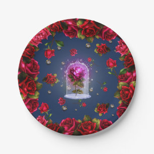 Enchanted Red Rose & Diamond Bling Elegant Party Paper Plate