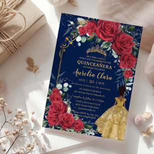 Enchanted Red Rose Floral Black Brown Quinceañera Invitation