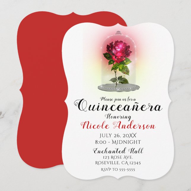 Enchanted Red Rose Sparkly Quinceañera Party Invitation (Front/Back)