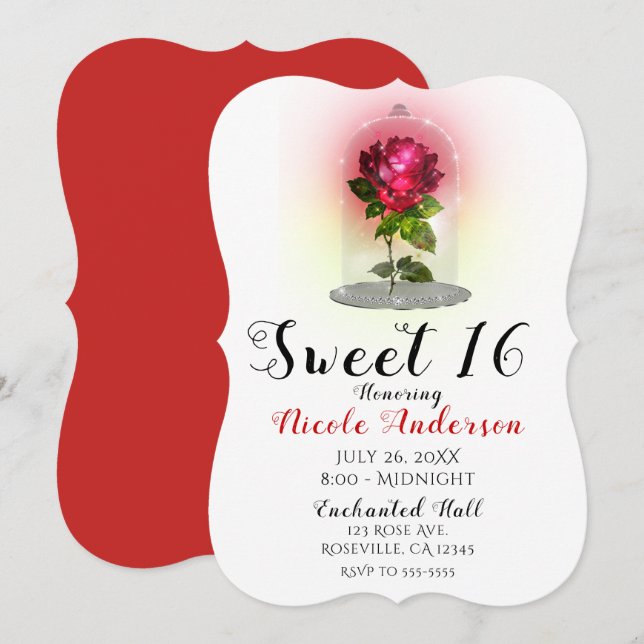 Enchanted Red Rose Sparkly Sweet 16 Birthday Party Invitation (Front/Back)