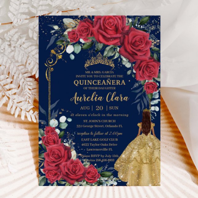 Enchanted Red Roses Floral Navy Blue Quinceañera Invitation (Creator Uploaded)