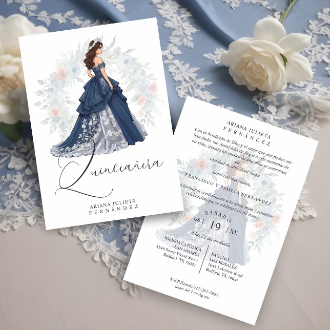 Enchanted Romantic Spanish Quinceañera Blue Shades Invitation (Enchanted Romantic Spanish Quinceañera Blue Shades Invitation Card with Envelope. )