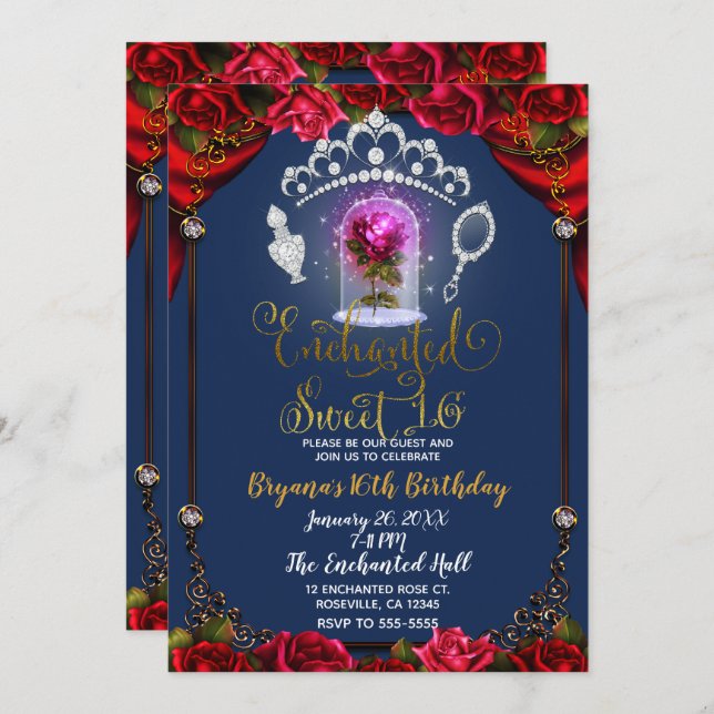 Enchanted Rose Beauty Sweet 16 Party Blue Gold Invitation (Front/Back)