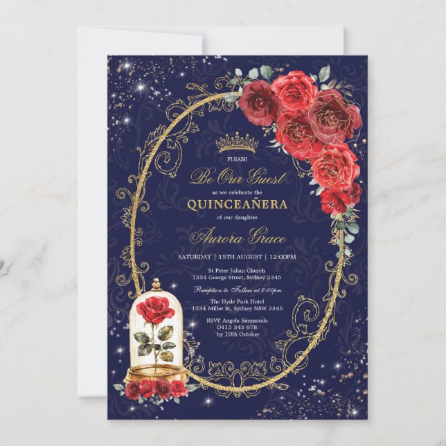 Enchanted Rose Quinceañera Navy Red Gold Birthday Invitation (Front)