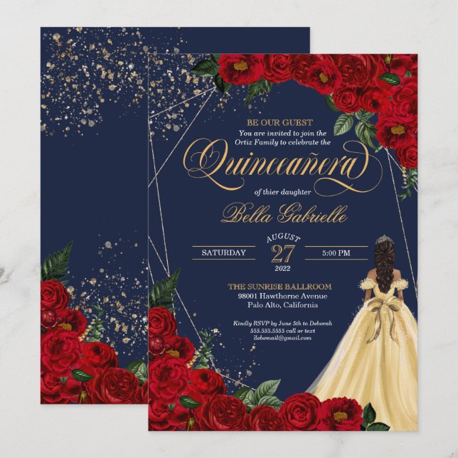 Enchanted Rose Red & Gold Fairytale Quinceañera Invitation (Front/Back)
