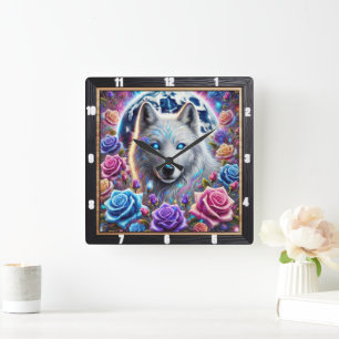 Enchanted Rose Wolf Square Wall Clock