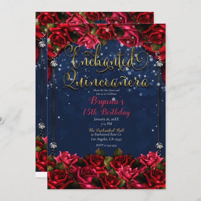 Enchanted Roses Navy Blue & Gold Quinceañera 15  Invitation (Front/Back)