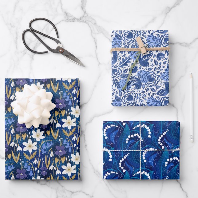 Enchanted Royal Blue Early Spring Floral Pattern Wrapping Paper Sheet (Front)