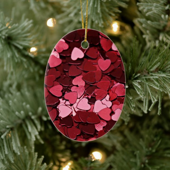 Enchanted Ruby Bliss Heart Confetti Pattern Ceramic Ornament (Tree)