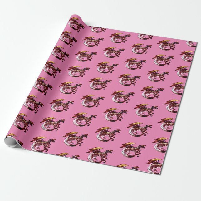 Enchanted Ruby Dragon with Soft Pink Accents Wrapping Paper (Unrolled)