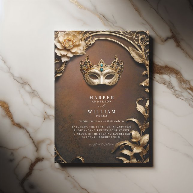 Enchanted rust and gold Masquerade Wedding Invitation (Rusty brown with copper tones masqurade wedding invite, gold foliage and decorative venetian mask)