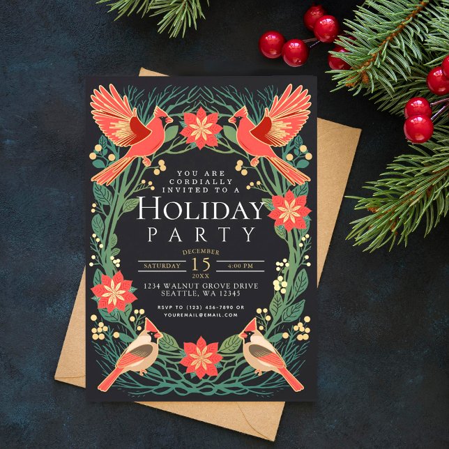 Enchanted Rustic Christmas Cardinals Holiday Party Invitation (Creator Uploaded)
