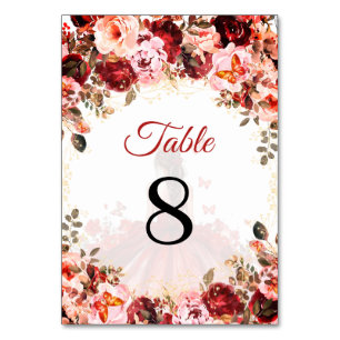 Enchanted Scarlet Gold Princess Quinceañera  Table Number