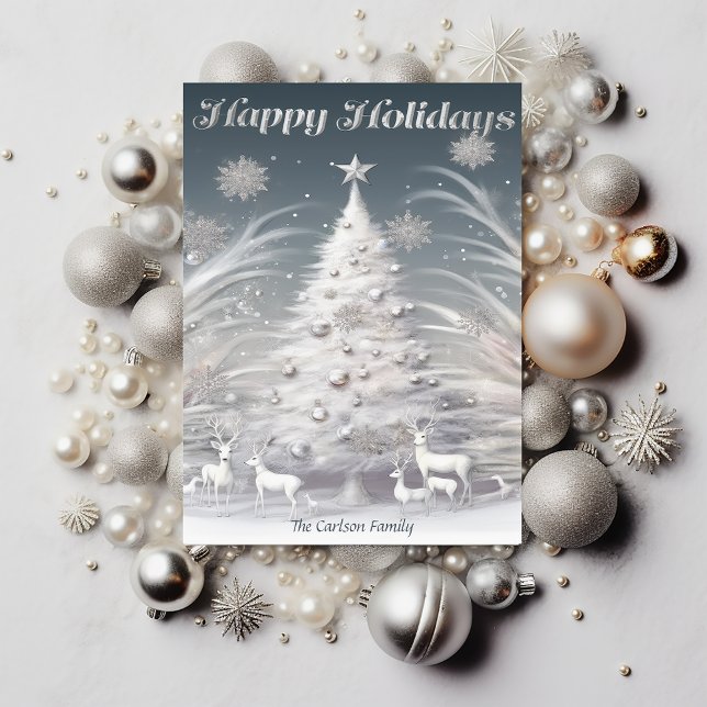 Enchanted Silver Frosted Tree & Reindeer Christmas Holiday Card (Enchanting Silver Frosted Trees and Reindeer Holiday Christmas Card)