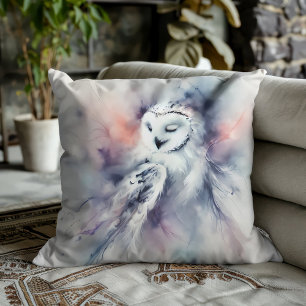 Enchanted Snowy Owl in Watercolor Cushion