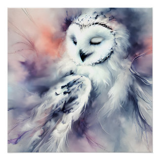 Enchanted Snowy Owl in Watercolor Poster