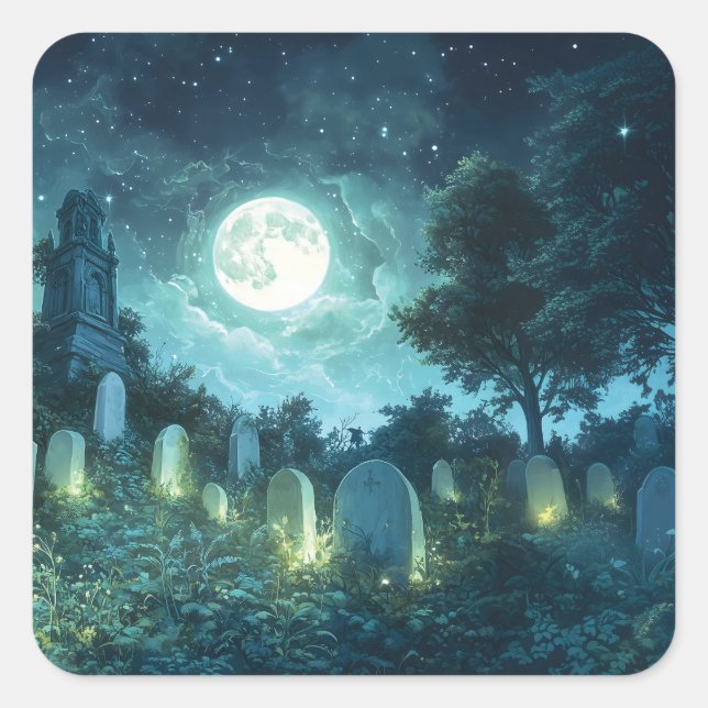 Enchanted spooky cemetery square sticker (Front)