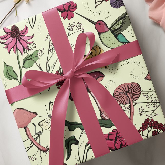 Enchanted Spring Garden Hummingbird Floral Wrapping Paper (Vibrant enchanted garden with cute hummingbird, mushrooms, wildflowers and fairy vibe swirls. )