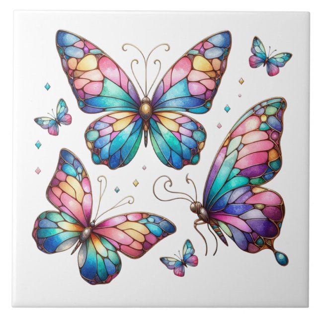 Enchanted Stained Glass Butterfly Cluster Ceramic Tile (Front)