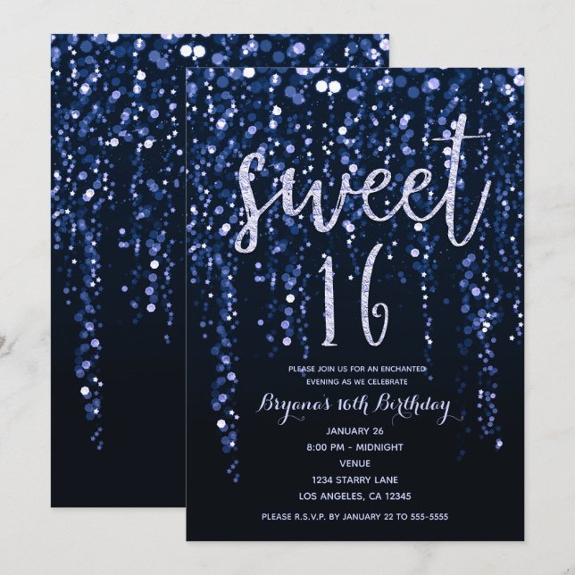 Enchanted Star Lights Blue Violet Sweet 16 Party  Invitation (Front/Back)