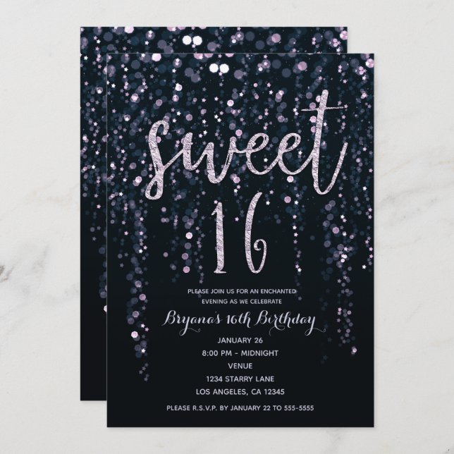 Enchanted Star Lights Lavender Purple Sweet 16  In Invitation (Front/Back)