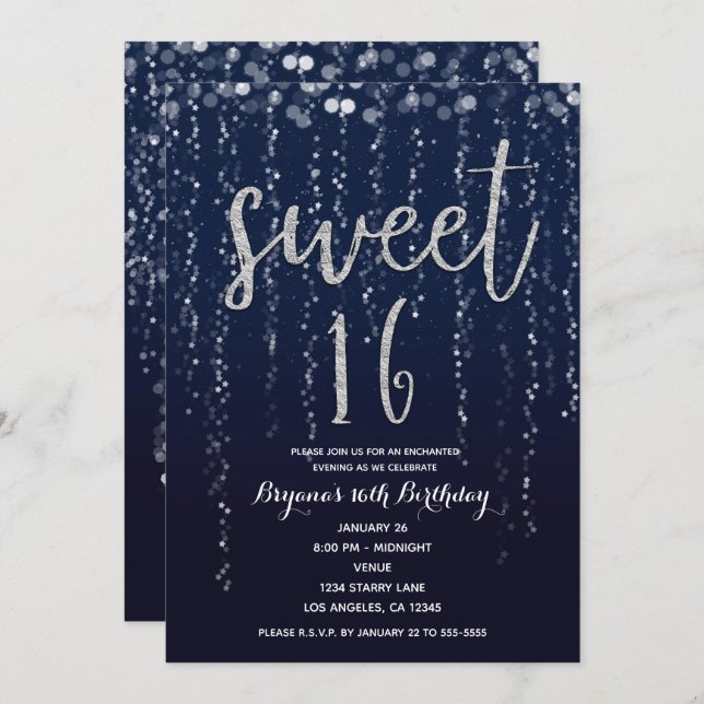 Enchanted Star Lights Silver & Blue Sweet 16 Party Invitation (Front/Back)