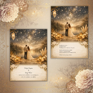 Enchanted Starry Night Lake blue & gold Wedding Invitation
