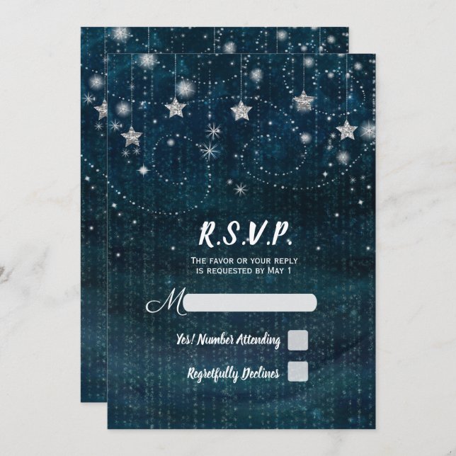 Enchanted Starry Night Silver & Blue Party RSVP Invitation (Front/Back)