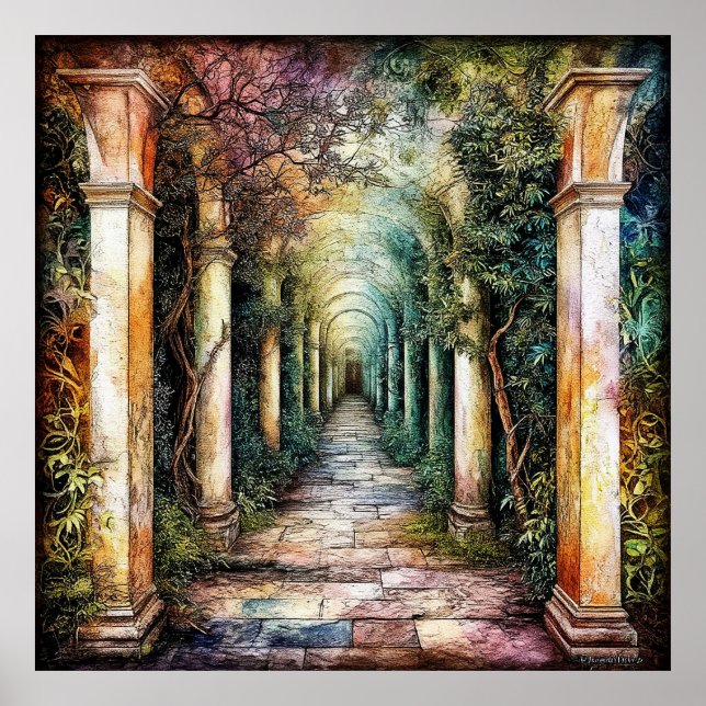 Enchanted Stone Pathway with Arched Pillars Poster (Front)